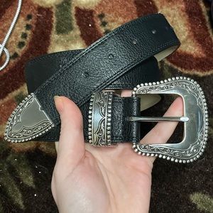 Leather wide black western style belt with silver hardware y2k